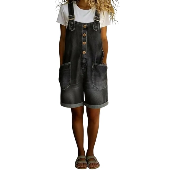Shortalls for Women Denim Shortalls Button Front Wide Leg Workout Jumpsuit Plus Size Casual Autumn Tops Adjustable Tie Straps Pockets Loose Bib Jean Cooling Shirt Overalls Shorts,Black,L