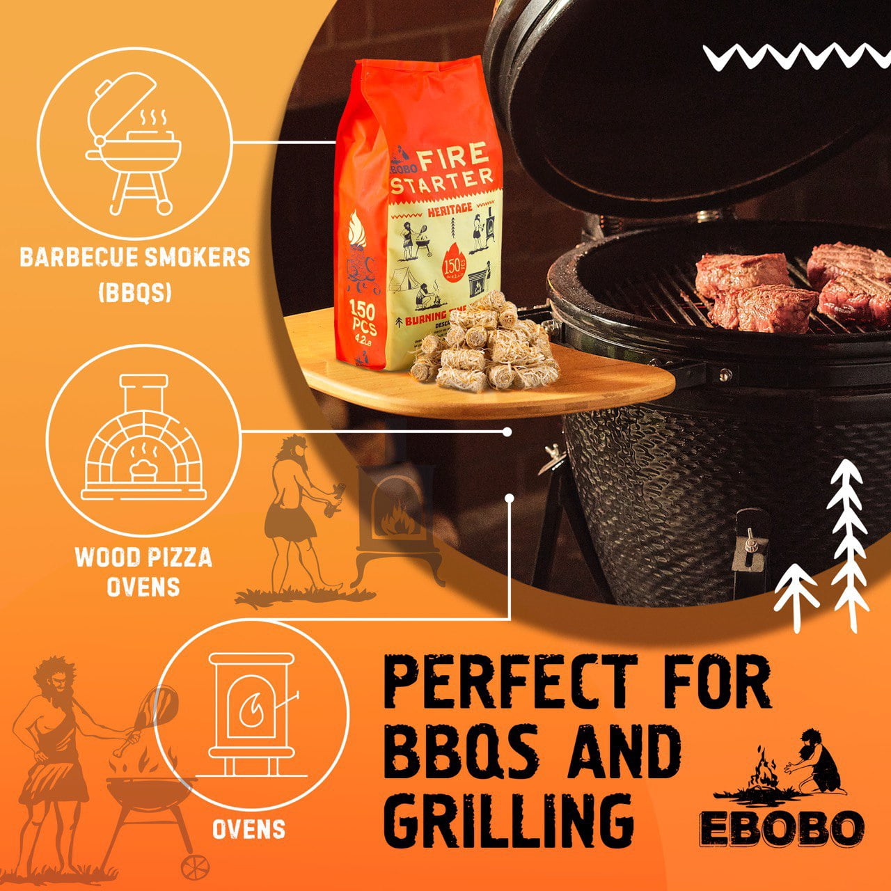 Ebobo - Natural Fire Starter, 150 Firelighters, 10 Min Burn Time