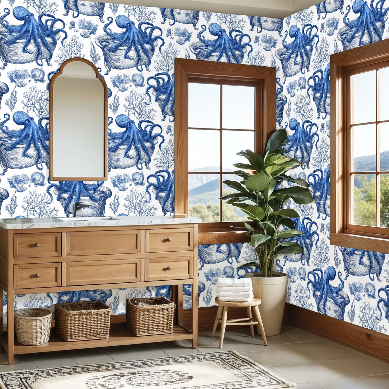 Peel and Stick Wallpaper Octopus Blue Vintage Engraving Marine Style Wall Mural 23.6in x 9.8ft Self Adhesive Removable Wall Paper Renter Friendly Wallpaper for Nursery Bedroom Cabinets