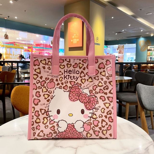 Matte pink leopard print hello kitty PU tote bag shoulder bag love