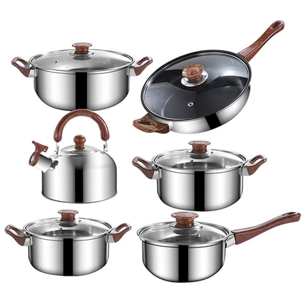 Juego de 12 piezas de ollas y sartenes de acero inoxidable antiadherente con tapa - Incluye tetera de 3L - Cocina saludable sin humo - Compatible con todo tipo de estufas (inducción, gas, eléctrica)