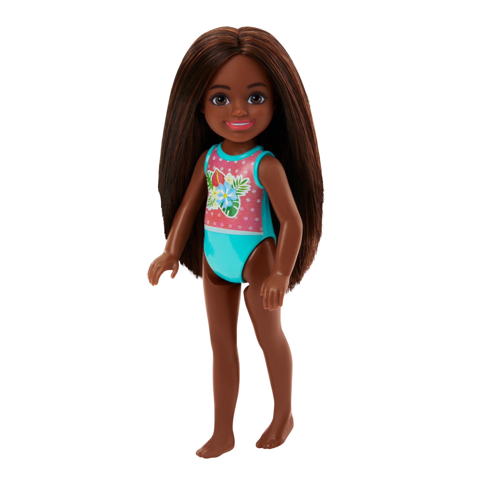 Barbie Chelsea Small Doll with Beach Swimsuit, Polka Dot & Floral Print, Brown Hair & Brown Eyes