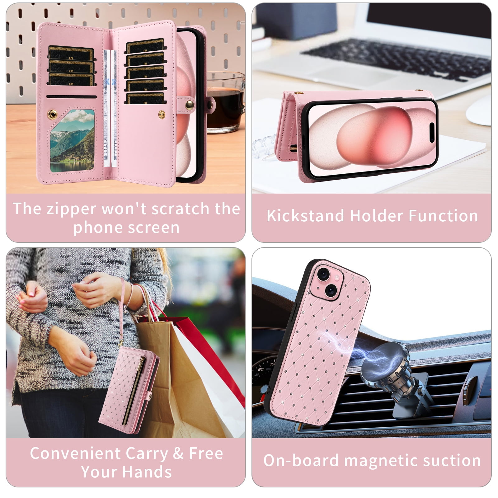 Asuwish Phone Case for iPhone 15 6.1 inch Zipper Wallet Detachable Cell Cover with Tempered Glass Screen Protector Crossbody Lanyard Strap Bling Glitter Flip Card Holder Slot iP15 Women Girls Pink