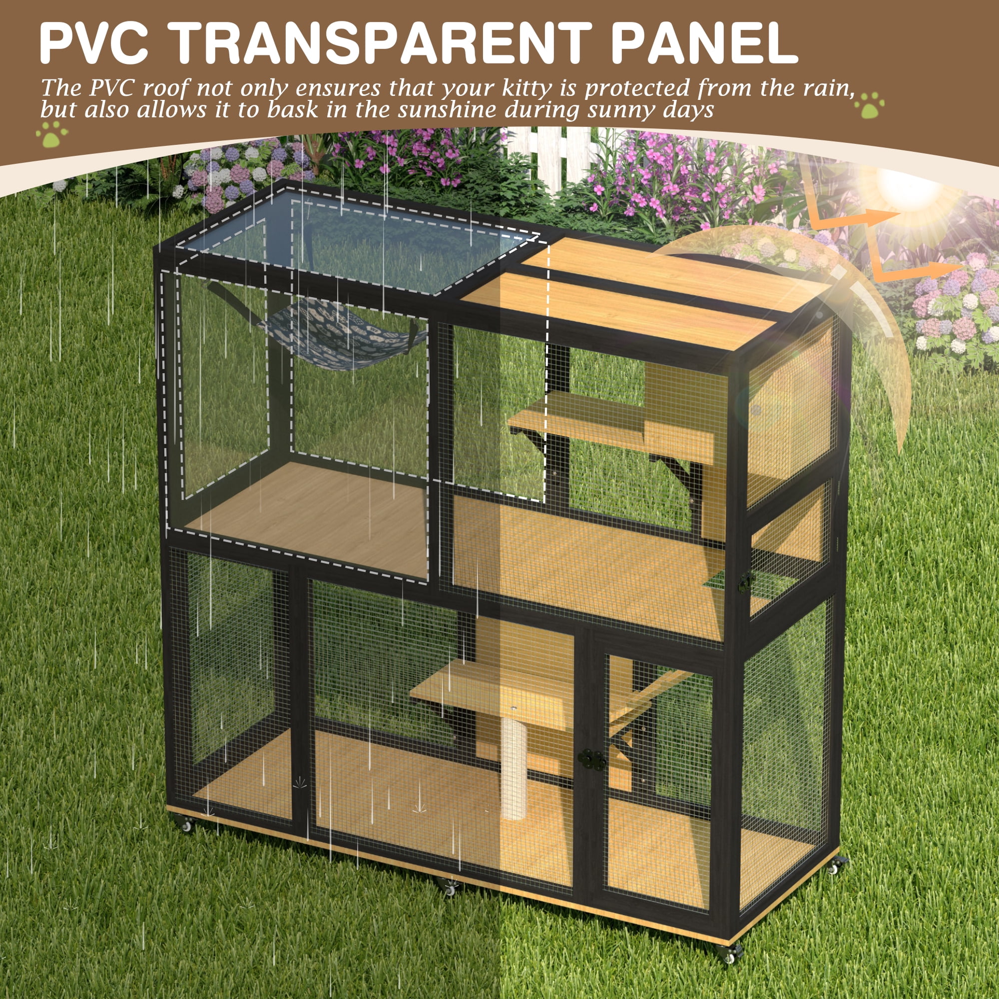 Haverchair 4-Tier Catio Cat Enclosure Outdoor, Portable Cat House Cage for Multiple Cats Indoor, Wood Kitty Condo w/Waterproof Roof Wheels Platforms Hammock Scratching Post for Sunbathing Playing