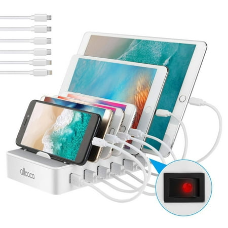 10A 50W 6-Port USB Charging Station with 6 USB cables Dock Desktop Fast Charger Stand Organizer for Smart Phones,Tablets and Other USB-Charged
