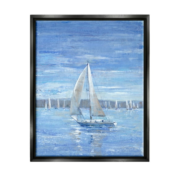 Stupell Industries Blue Sailboat Painting Transportation Painting Black Floater Framed Canvas Art Print Wall Art, 17 x 21