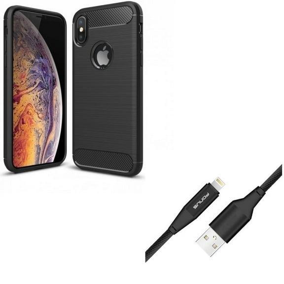 Case w 6ft USB Cable for iPhone XS/X - Carbon Fiber Slim Fit Cover Reinforced Bumper Shock Absorbent, Charger Cord Power Wire Braided Long for iPhone XS/X