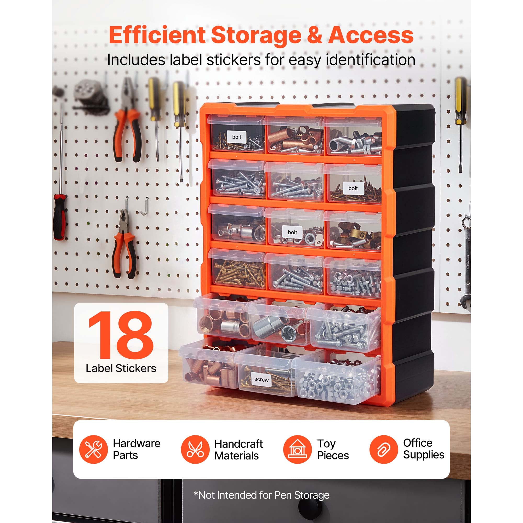 KFFKFF 18-Drawer Plastic Storage Organizer, Stackable Cabinet for Garage and Workshop, Wall-Mountable Small Parts Organizer for Tools, Beads, Screws, Crafts, and Building Blocks