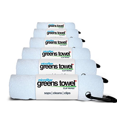 Greens Towel 6 Pack White Golf Towels with Clip for Golf Bags  Plush Microfiber nap Fabric  16x16  The Original Greens Towel Value Pack (Pure White)