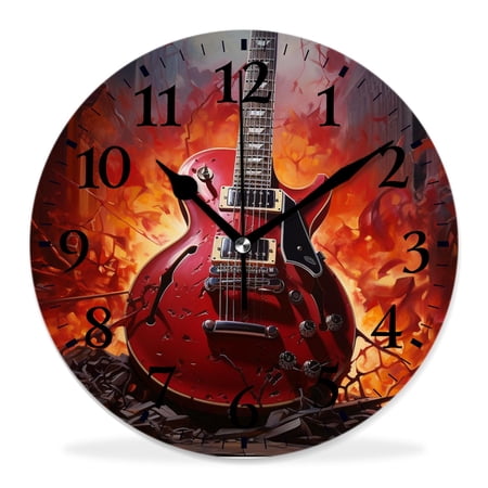 12 Inch Wall Clock Battery Operated Silent Clock Decorative for Office, Kitchen, Outdoor, Living Room,Guitar in Fire Flame Multicolor
