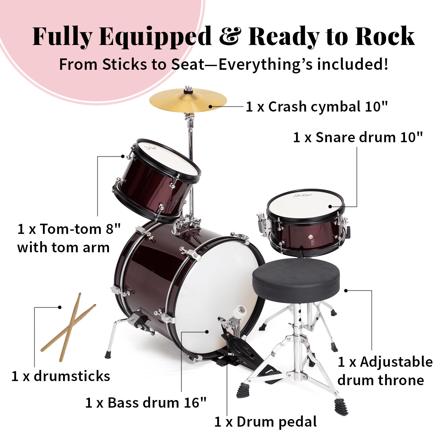 StarQuest Junior 3-Piece Drum Set – Premium Metallic Wine Red Finish with Bass, Snare, Tom and Crash Cymbal – Perfect for Junior Drummers and Beginners