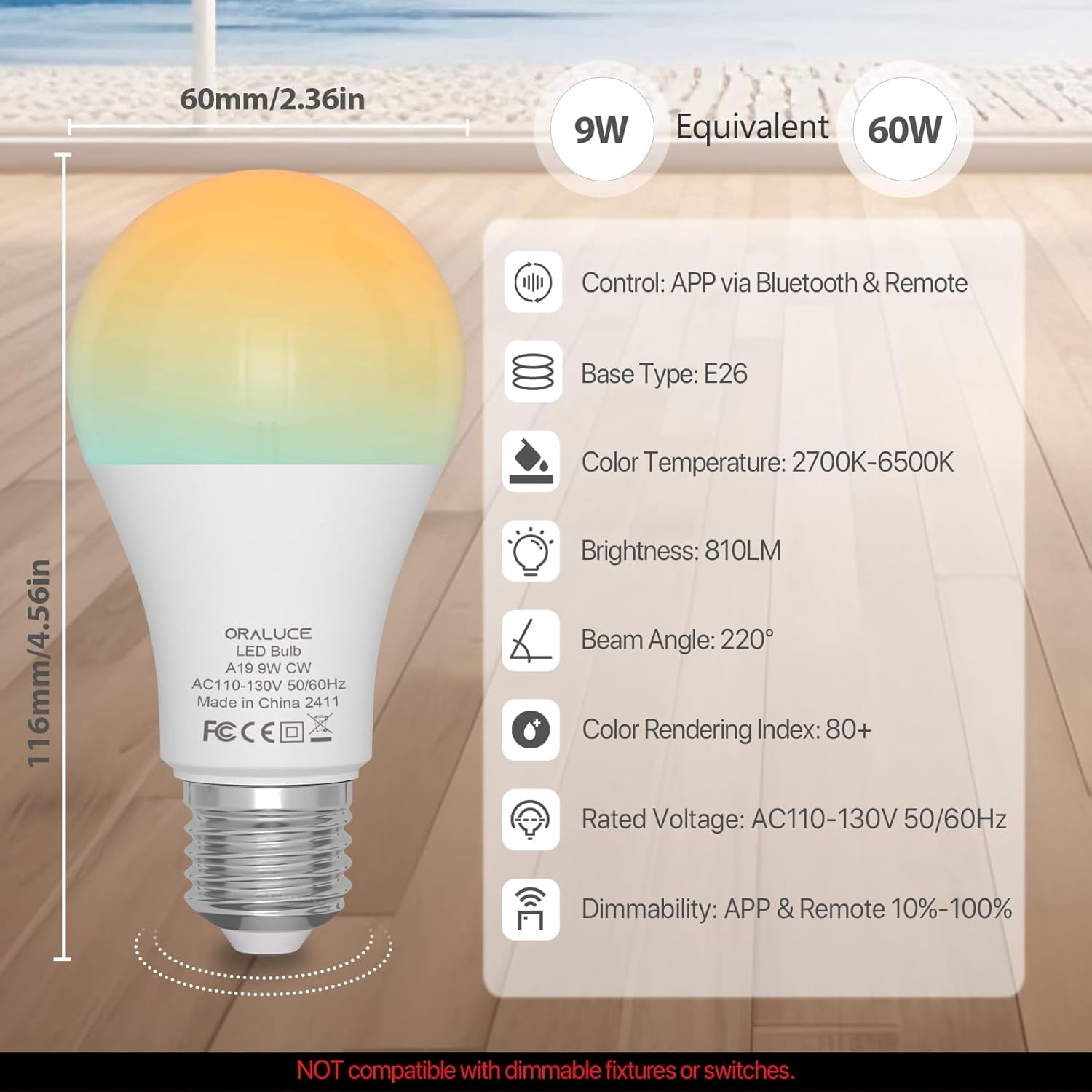LED Remote Control Light Bulbs 60 Watt Equivalent, Dimmable 2700-6500K Lightbulbs E26 Base, A19 Bluetooth Smart Light Bulb for Lamp, Bedroom, 1 Pack with Remote Control