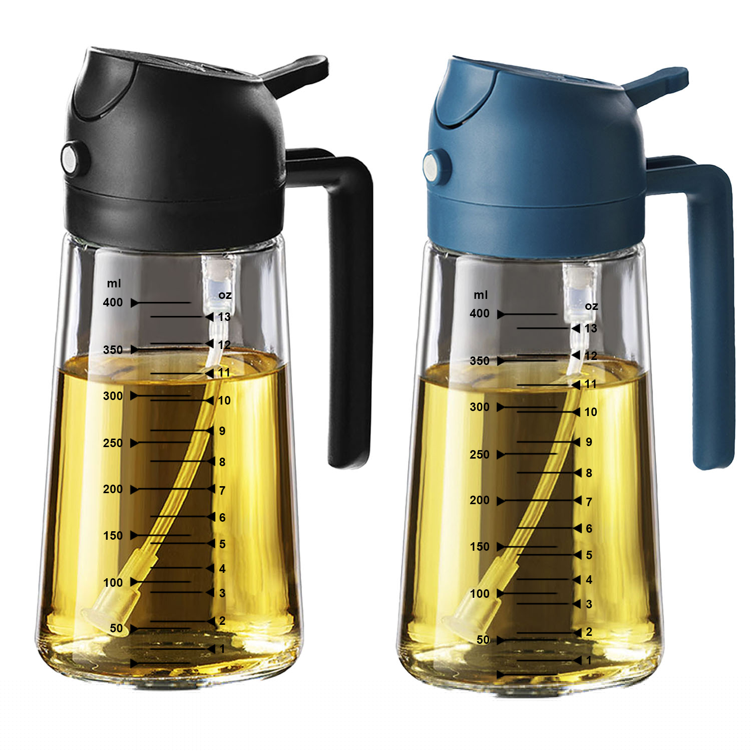 thumbnail image 1 of TrendPlain Rociador de Aceite de Oliva de Vidrio de 16oz/470ml para Cocinar - Dispensador de Aceite de Oliva 2 en 1 para Utensilios de Cocina, Freidora de Aire, Ensalada y BBQ - Negro&Azul Marino, 1 of 5