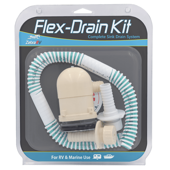Zebra RV Flex-Drain Kit | Waste Water Drain for RV And Marine Applications | Includes Gas Trap, Sink Strainer, Flange, Tubing
