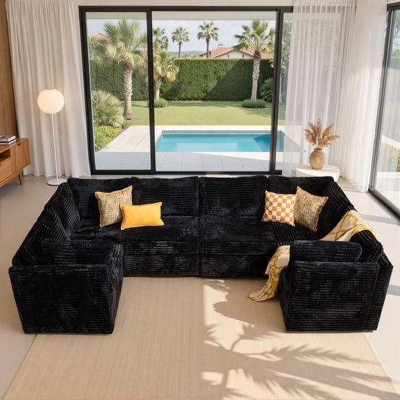 Ovios 130" Modular Sectional Sofa U Shaped Couch with Pillows 6-Seater Extra Deep Seat Convertible Cloud Couches for Living Room, Black