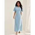 thumbnail image 5 of Blue Womens Linen Blend Solid Color Elegant Maxi Dress With Short Flare Sleeves, 5 of 6