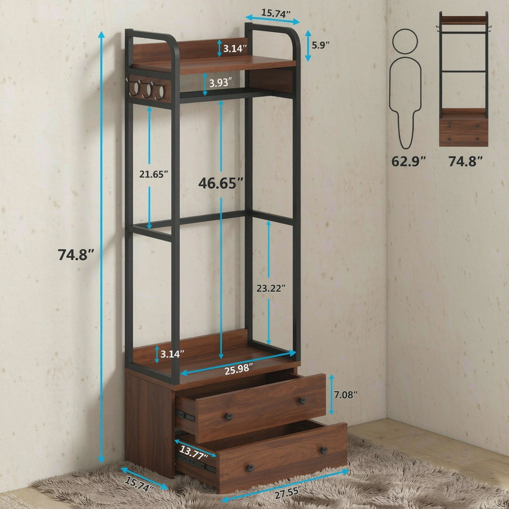 Freestanding Clothes Rack with 2 Drawers and 6 Hooks