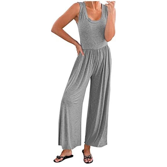 aidice Summer Womens Jumpsuits Casual U Neck Sleeveless Solid Color Loungewear Wide Leg Pants Rompers