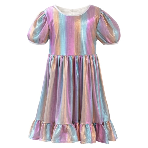 Wuxian Child Kids Carnival Spring Summer Sequin Dresses Rainbow Pleated Ruffle A-Line Casual Short Puff Sleeve Round Neck High Waist Sparkly Shiny Party Dress Ruched Sundress,Pink,6-7 Years