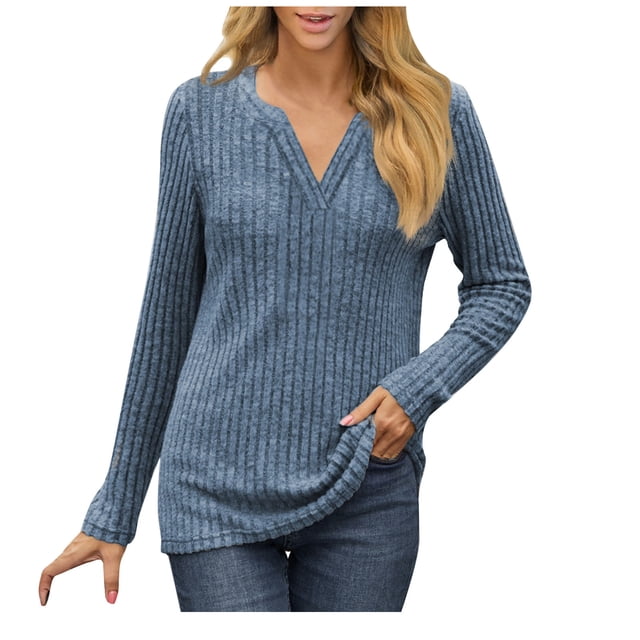 tarylea V Neck Tops for Women Trendy Fall Ribbed Tunic Long Sleeve Solid Color Pullover Casual Loose Tops