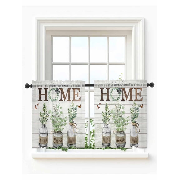 Eucalyptus Leaves Tier Curtains 36 Inch Length,Sheer Curtains for Bedroom Living Room Window Farmhouse Botanical Plants Wooden Grain Small Half Window Kitchen Curtains & Drapes 27.5"x36" 2 Panels