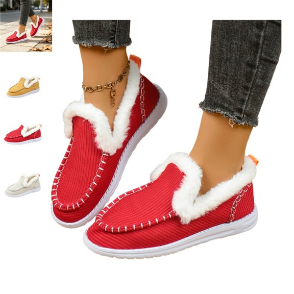 YOUYEDIAN Moccasins Women Fall Winter Plush Lined Slip On Warm Casual Flats Round Toe Fashion Versatile Outdoor Shoes