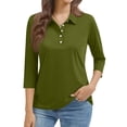 thumbnail image 2 of Women's Polo Shirts 3/4 Sleeve 5-Button Solid Color Shirts, Casual Business Collared Shirts Basic Tops, Spring & Summer Polo Collared T Shirts Breathable Trendy Tunic Tops Army Green L, 2 of 6