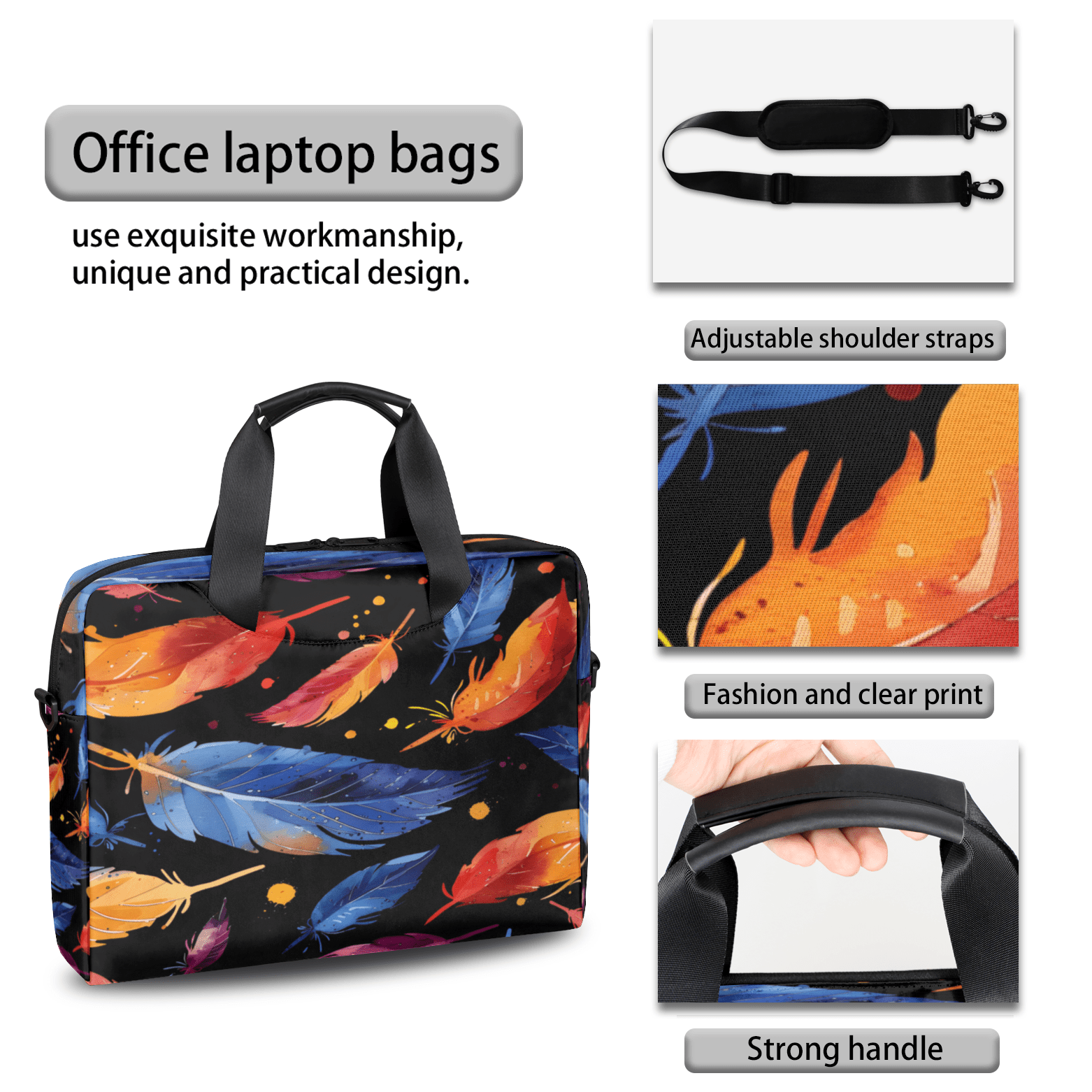 Herdesigns Feather Laptop Bag for Women Men, Computer Case Briefcase Messenger Bags, 15-15.6 inch Laptop Sleeve Shoulder Bag