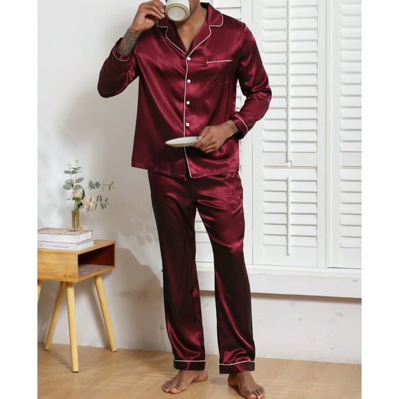 Ougyinr Mens Satin Silk Pajamas Set Button Down Pjs Two-piece Soft Classic Lapel Sleepwear Long Sleeve Flannel Top & Pants Set