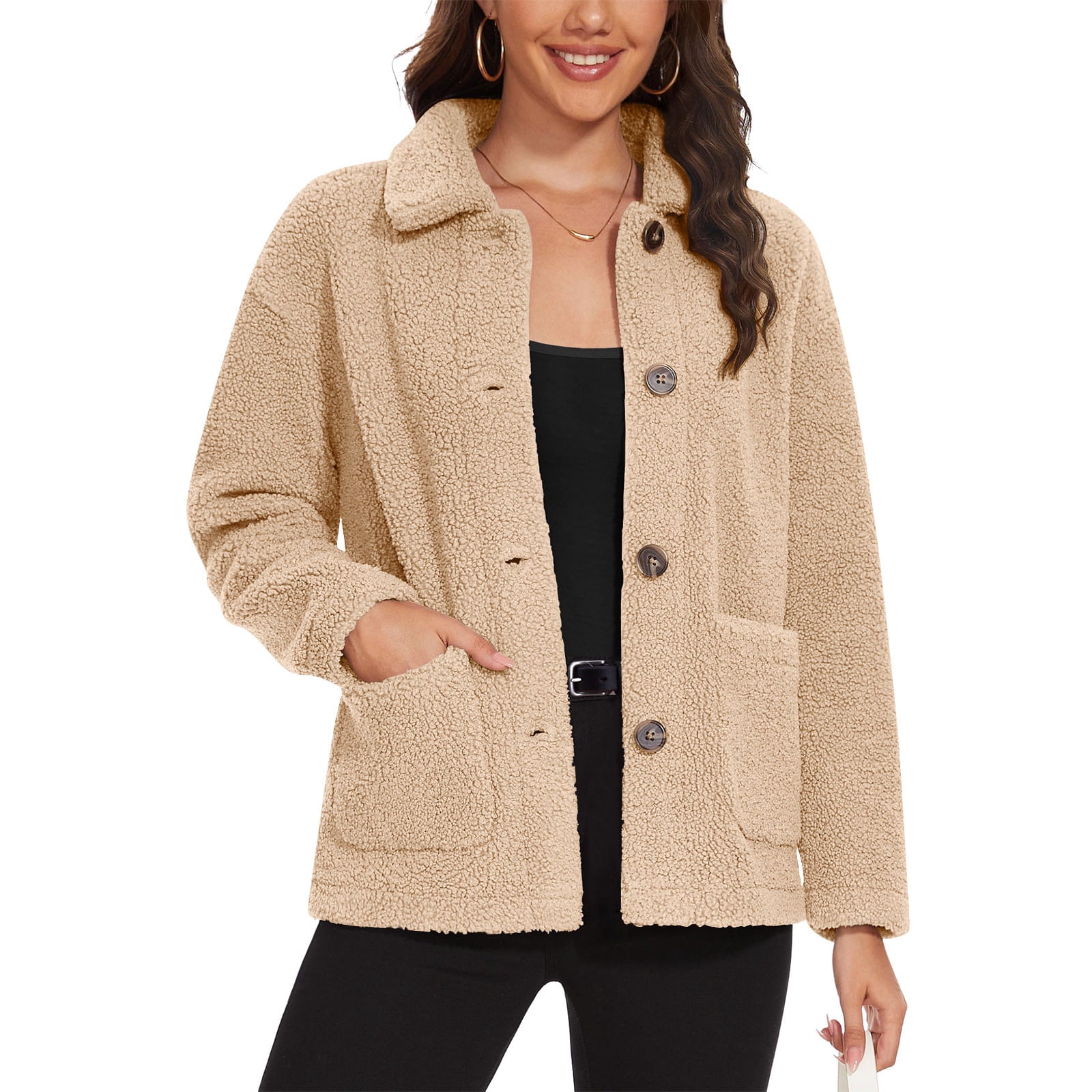 Manteau Polaire Femme Réversible Sherpa Doux - Cardigan Oversize Chaud Hiver, Col Montant, Poches Boutonnées, Coupe-Vent