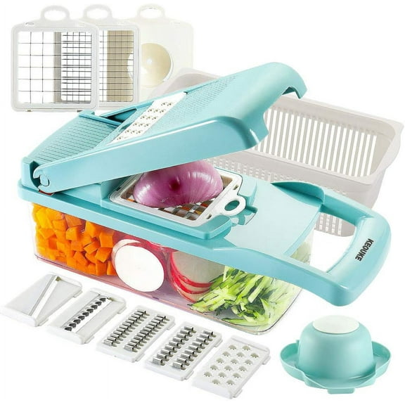 Vegetable Chopper Mandoline Slicer Blue - 12 in 1 Interchangeable Blades Food Chopper with Container, Hand Guard & Drainer, Veggie Dicer Kitchen Gadget for Onion, Cucumber, Tomato, Fruit