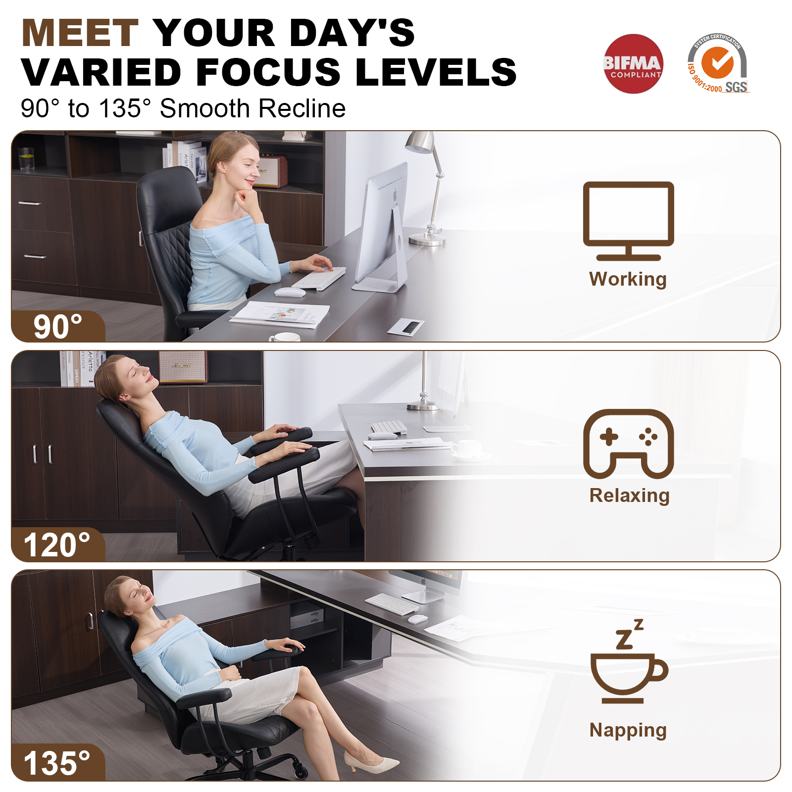 E-Motie Home Office Desk Chair, Ergonomic High Back Leather Computer Chair with Lumbar Support, Adjustable Height & Recline, Swivel Executive Office Chair with Armrests and Rubber Casters, Black