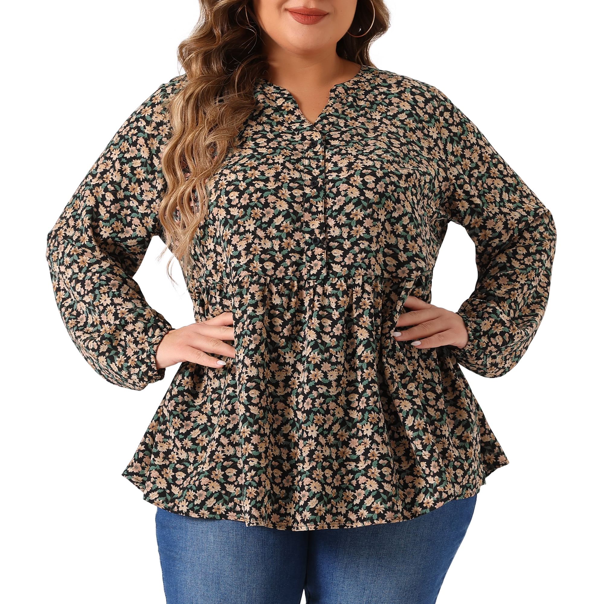 DARING DIVA Women's Plus V Neck Floral Long Sleeves Blouse 1X Black Beige