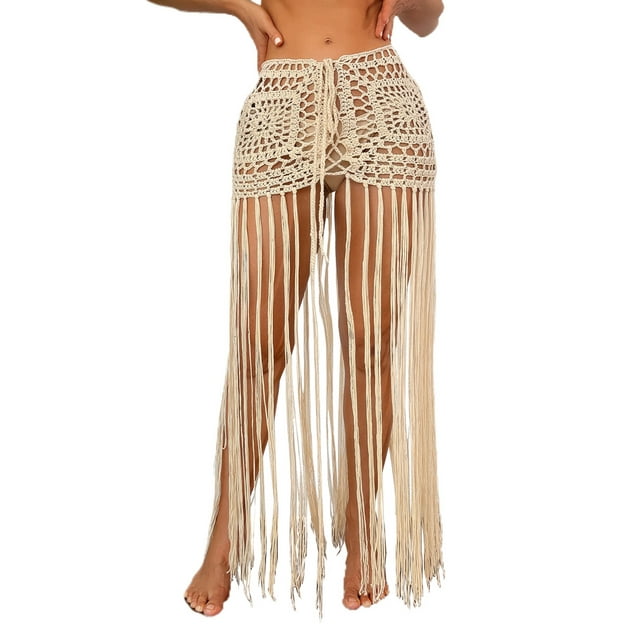 EYIIYE Jupe Mini Crochetée Ajourée pour Femmes Paréos pour Dames Jupe Transparente Couleur Unie Jupe à Franges Tricotée Jupes de Plage Bas de Bikini d'Été