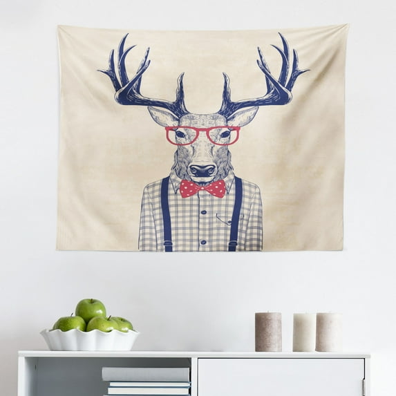 Hipster Tapestry, Business Man Humanized Manly Deer Contemporary Art, Fabric Wall Hanging Decor for Bedroom Living Room Dorm, 2 Sizes, Indigo Champagne, by Ambesonne