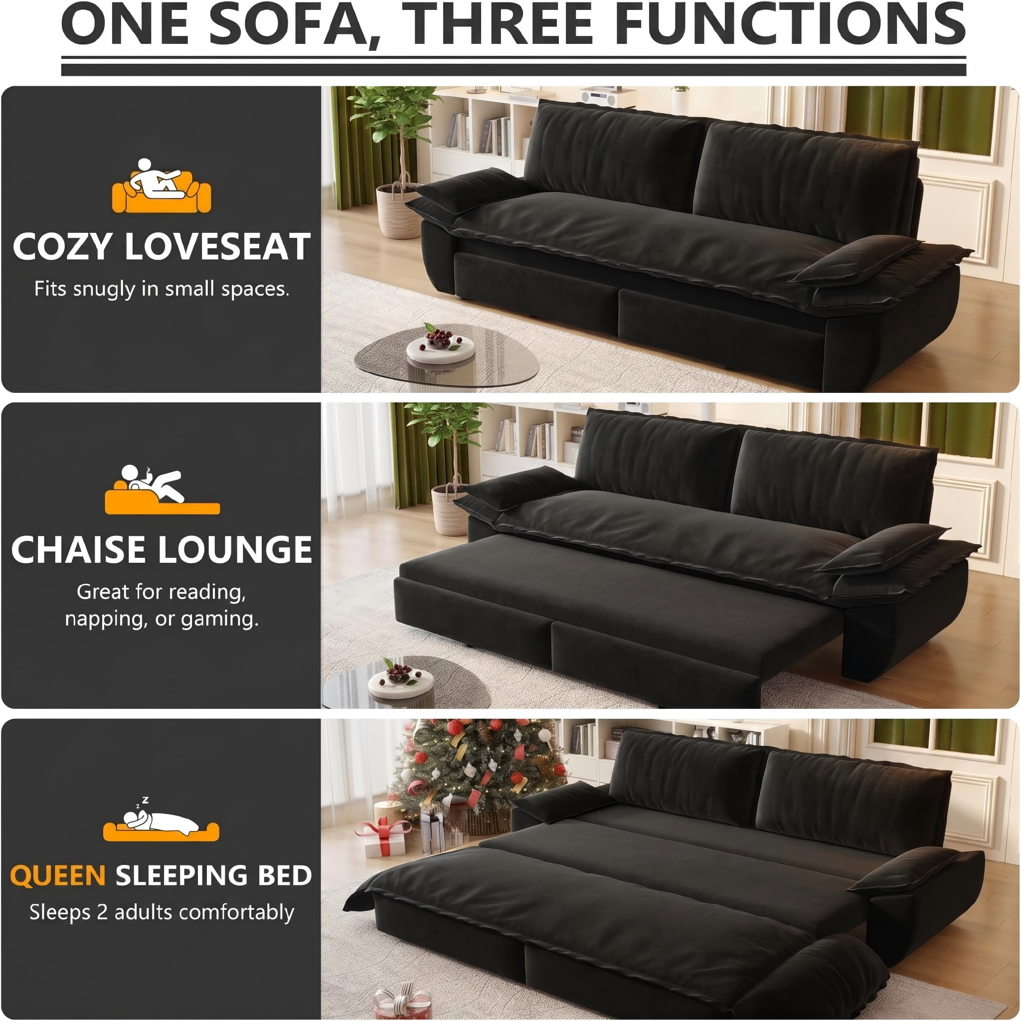 Multi-Functional Velvet 3-in-1 Convertible Sofa Bed, Queen Size Sleeper Loveseat with 2 Pillows, Black