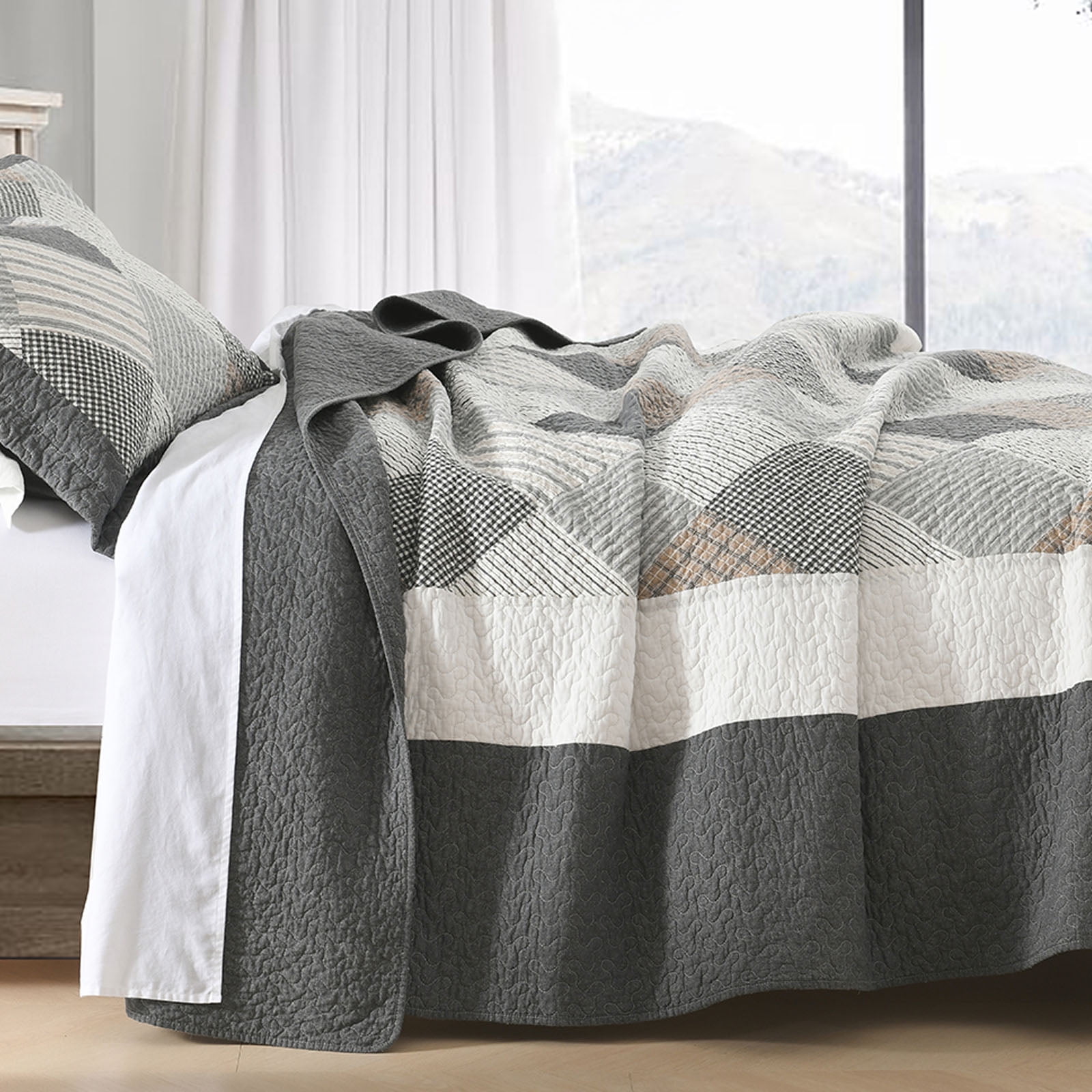 PANGUSHAN 100% Cotton Quilt Set King Size, 3pcs Plaid Bedspread Quilt Bedding Set for King Bed, Reversible Lightweight Comforter Bed Spread for All Seasons, Dark-Gray/White/Brown