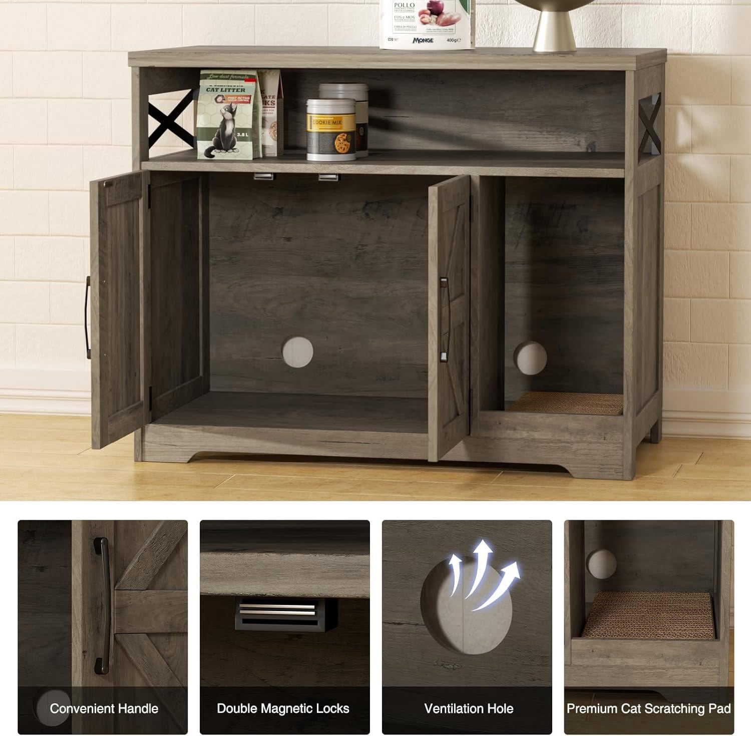 VEANERWOOD Cat Litter Box Enclosure with Cat Scratch Pad,Hidden Cat Washroom Furniture with Entry Open Compartment,Gray