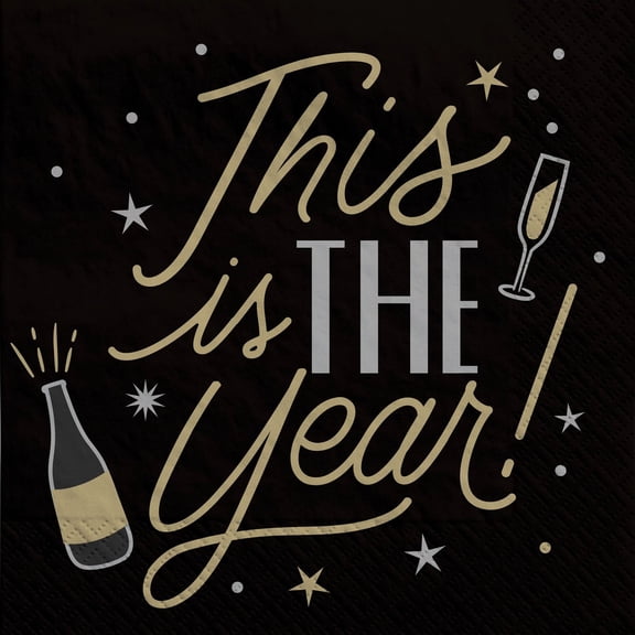 This Is The Year 16 Ct Luncheon Napkins Black Gold Silver New Year's Eve