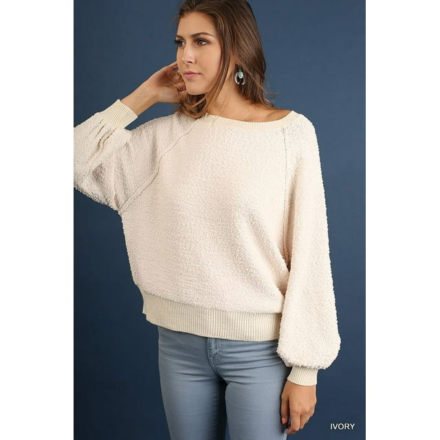 Women Puff Sleeve Boat Neck Ivory Winter Sweater