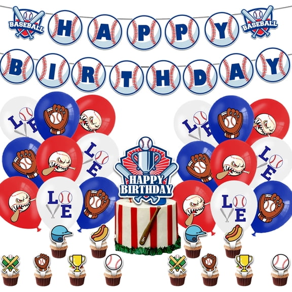 baseball Themed Birthday Party Decoration Set, 30pc Includes Banner, Cake Toppers, Balloons, and Cupcake Decorations.