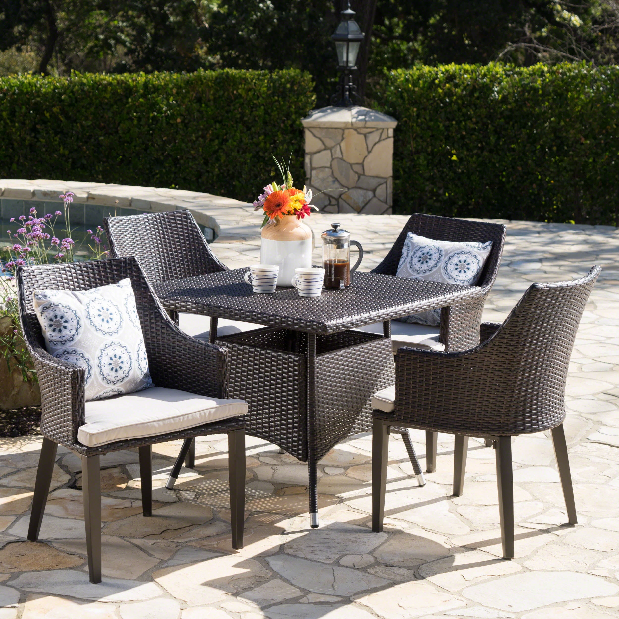 Hillsdale Outdoor 5 Piece Wicker Square Dining Set with Cushions