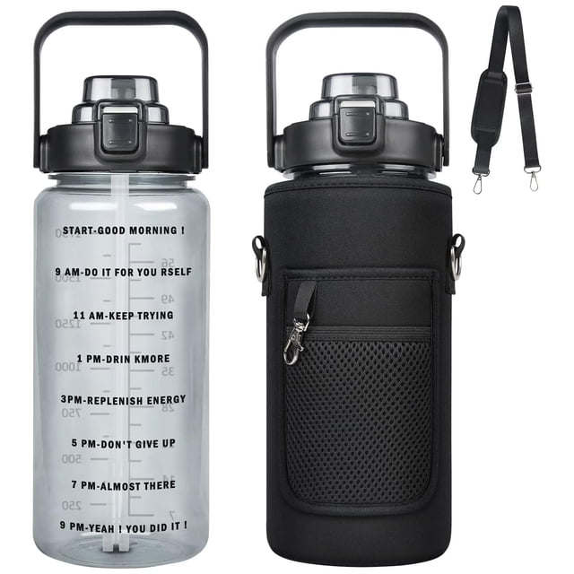 Botella de agua 2 litros,Bote de agua Portátil para Gimnasio,Botella Deportiva con Marcas de Tiempo Reutilizable y sin BPA,Termo agua de Gran Capacidad,para Gimnasio,Viajes,Oficina,negra