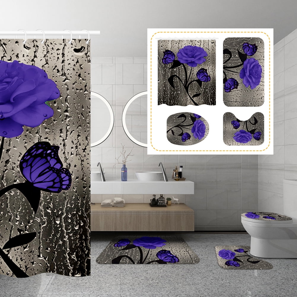 4 Pcs Bathroom Shower Curtain Set Blue Rose Shower Curtain Bathroom Sets Valentine's Day Shower Curtain Sets with Rugs(Bath Mat,U Shape and Toilet Lid Cover Mat) and 12 Hooks