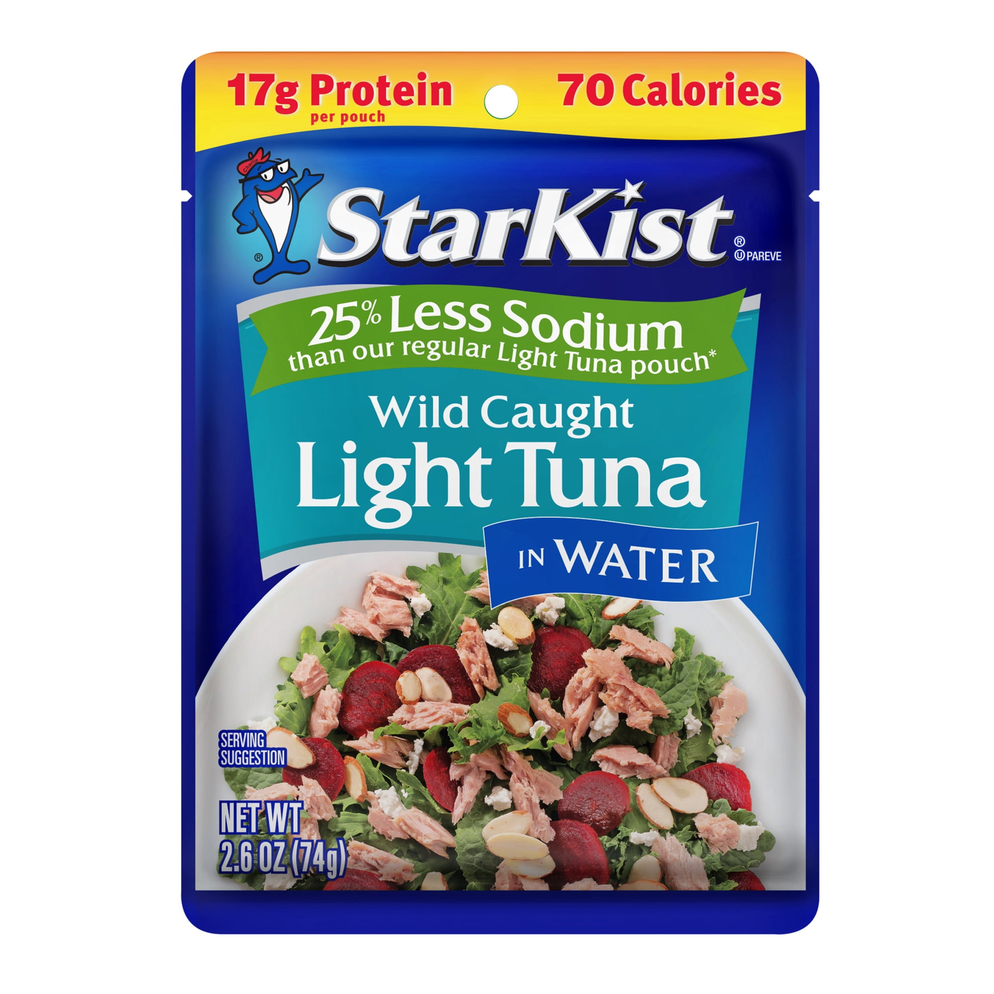 StarKist 25% Less Sodium Light Tuna in Water, Wild Caught, 17g Protein, 2.6 oz Pouch