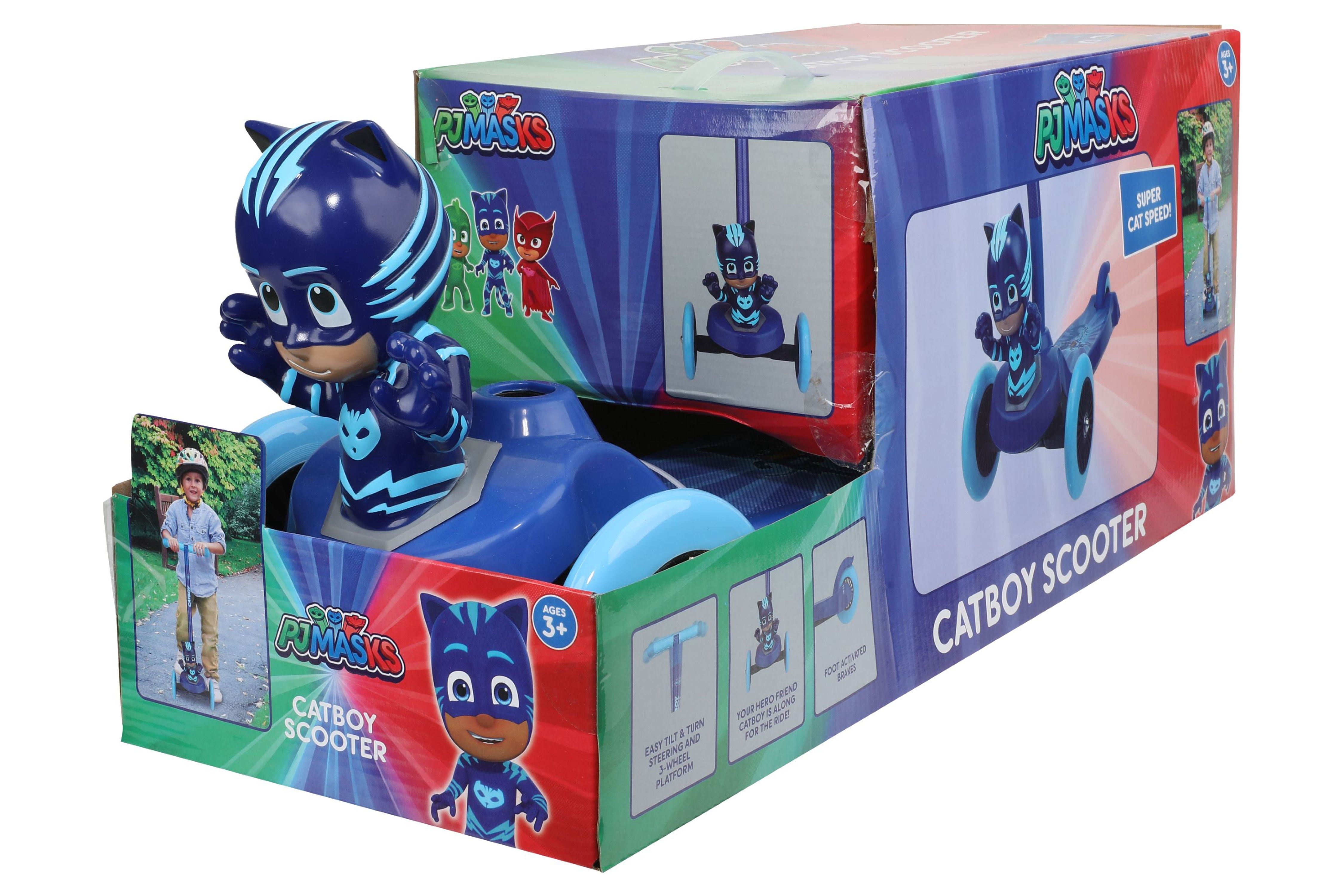 PJ Mask Catboy 3D Scooter with 3 Wheels Tilt and Turn- Blue, For Boys and Girls Ages 3+, Max Weight 75lbs, Foot-Activated Brakes