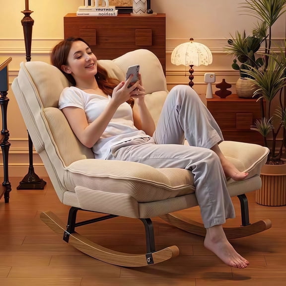 Keerffo Rocking Chair with Footrest,Corduroy Upholstered Lazy Recliner Lounge Chair, Single Sofa for Living Room, Rubber Wood Legs