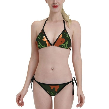Red Panda And Bamboo Leaves Pattern Women S Beach Bikini Swimsuit Sexy Suspender Bikini Triangle Bikini Set