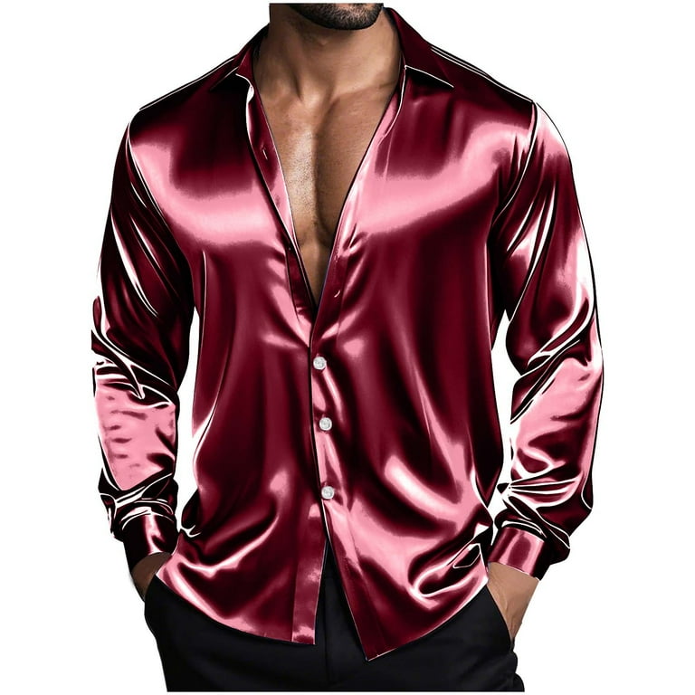 qILAKOG Men's Luxury Shiny Silk Like Satin Dress Shirt Long Sleeve Casual Slim Fit Muscle Button Up Shirts Wine S, Size: Small