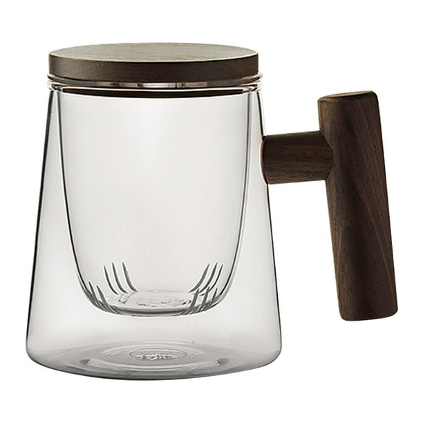 Taza de té de vidrio con infusor y tapa, taza de té con mango de madera, taza de café de vidrio, taza de café de boca ancha y gran capacidad
